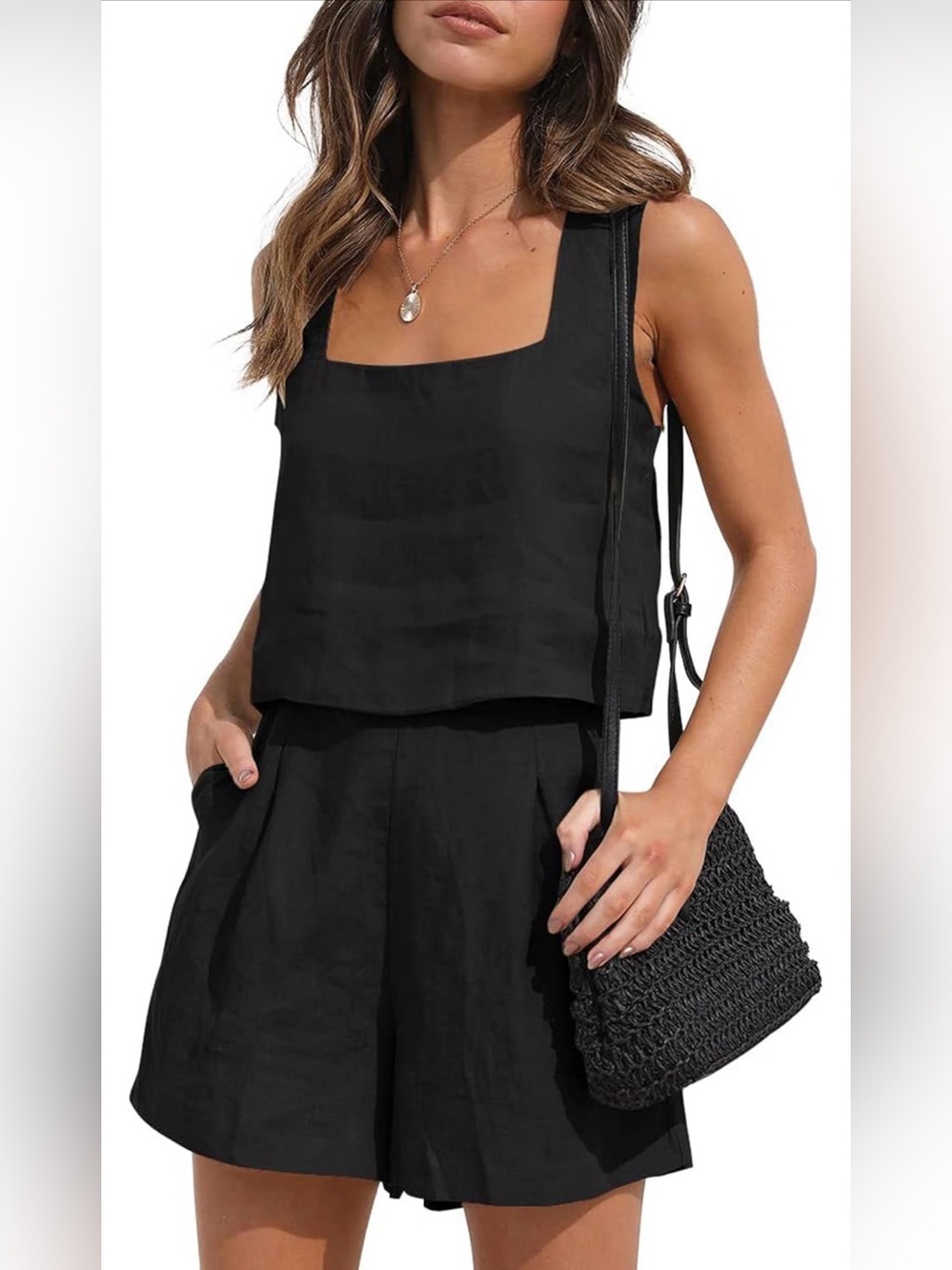 0090: Womens Linen 2 Piece Outfits Lounge Set sleeveless Tank Top and High Short
